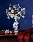 Blue Canvas Paintings - Mixed Bouqet in a Blue Danube Vase